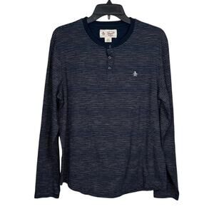 Original Penguin Striped Long Sleeve Henley Shirt Navy Blue Cotton Blend Mens Si